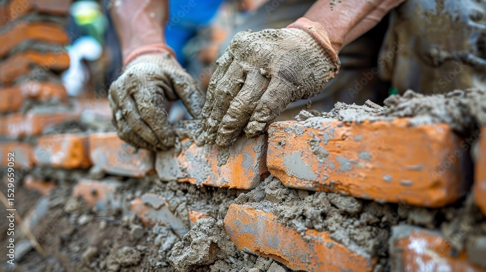 Aufkleber a close-up shot of a builder's hands applying cement to a brick wall, illustrating the hard work and