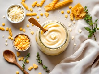 Béchamel sauce in a jar on a table