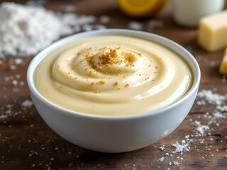 Béchamel sauce in a bowl on a table
