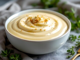 Béchamel sauce in a bowl on a table
