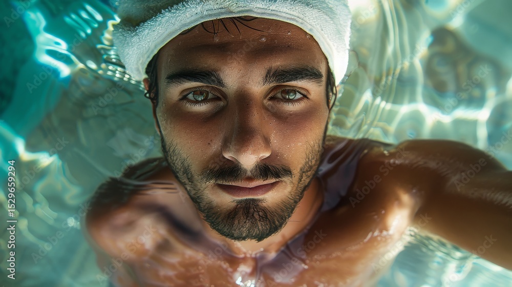 Aufkleber a close-up portrait of a man submerged in water, with light reflections creating an ethereal ambianc