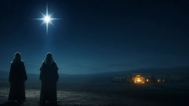 Three wise men journey to Bethlehem, guided by a bright star in the night sky