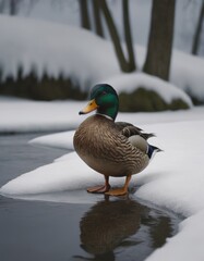 Male duck standing on the edge of a frozen pond, surrounded by snow-covered ground and trees, reflecting its vibrant colors in the icy water, showcasing winter wildlife beauty