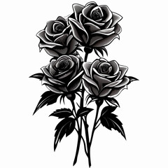 Three Black Roses Bouquet, Monochrome Floral Illustration