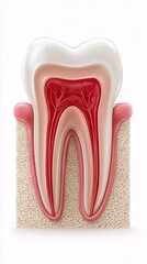 Detailed tooth root anatomy illustration with nerve structure, dental cross-section showing gum, pulp, and jawbone, and educational diagram of tooth root anatomy