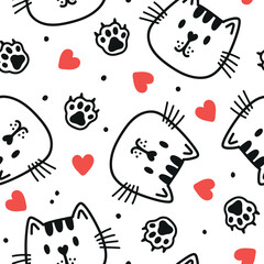 Cute Cat Seamless Pattern Kitty Background Doodle Cat