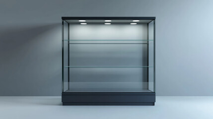 An empty rectangular glass display cabinet with a dark grey base and spot lid lights on top and glass shelves on an isolated studio background - . Isolated on white background.