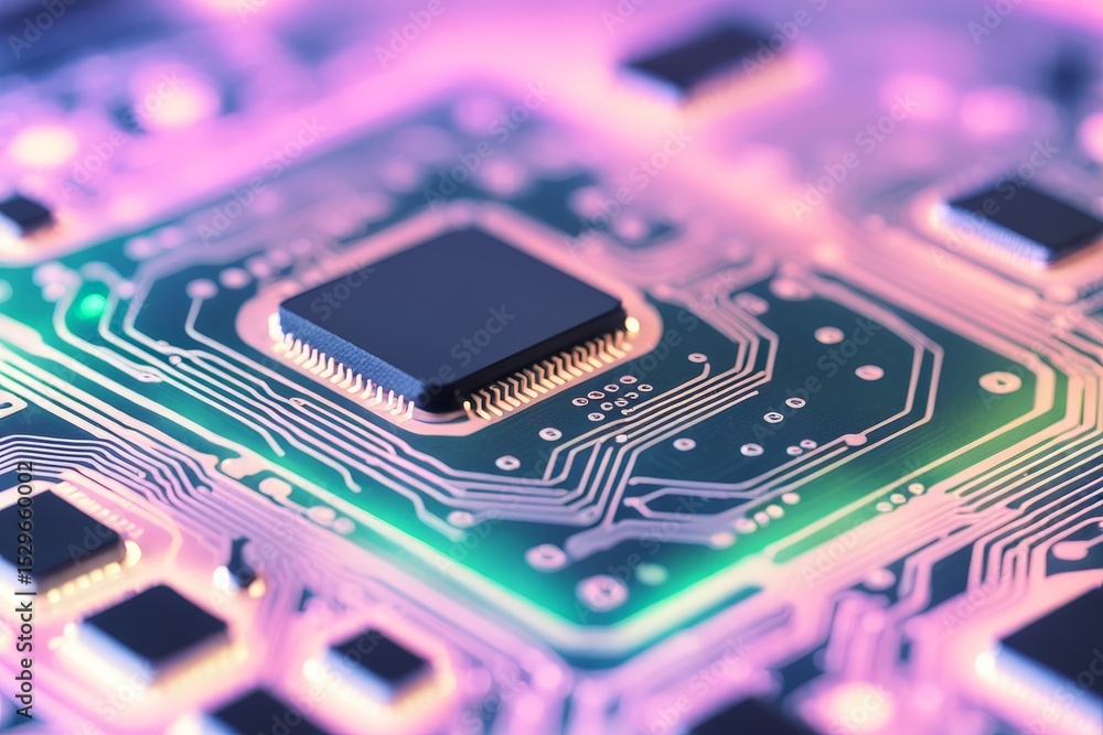 Poster close-up of a microchip or circuit board with glowing lights, symbolizing technology and innovation.