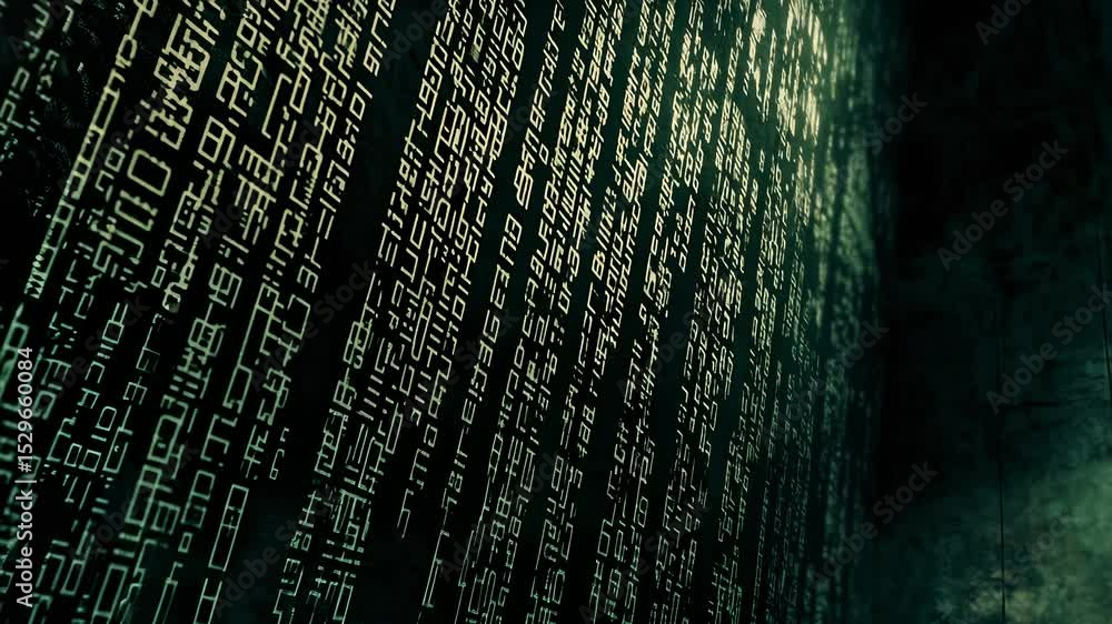 Poster abstract technology backdrop with glowing hieroglyphic code on grunge concrete surface