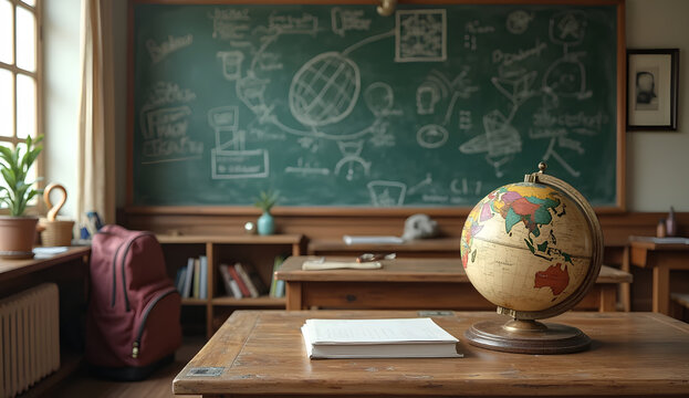 Science Classroom Chalkboard with Globe and Books