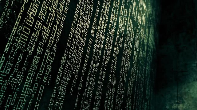 Abstract Technology Backdrop with Glowing Hieroglyphic Code on Grunge Concrete Surface
