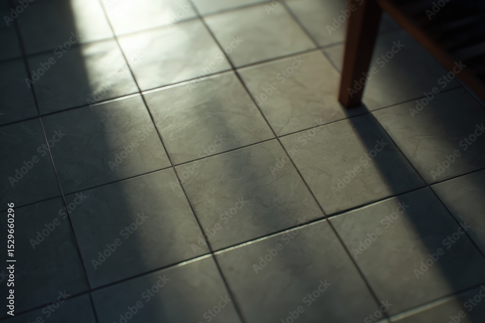 Poster soft shadows cast on a tiled floor from natural light filtering through a window