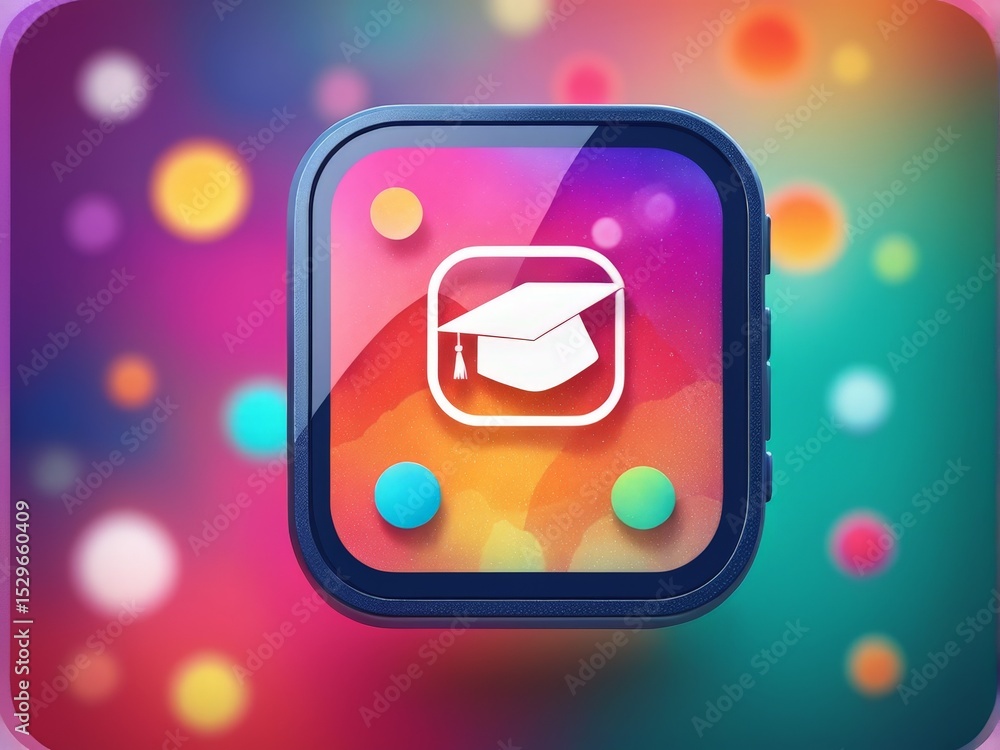 Poster abstract icon of a graduation cap on a smartphone screen or digital display with colorful background