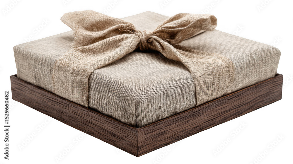 Poster square gift box wrapped in linen fabric with a tied knot and placed on a wooden base, isolated on a 