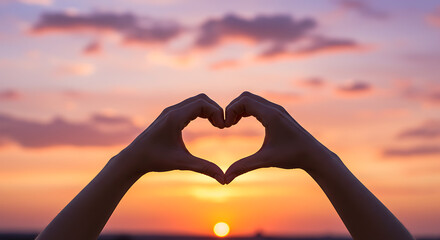 Hands Forming Heart Silhouette Against Radiant Sunset Sky, Evoking Love, Hope, and Natural Serenity