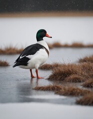 Male duck standing on frozen wetland, surrounded by brown grass, showcasing vibrant plumage and natural habitat, emphasizing wildlife in winter setting