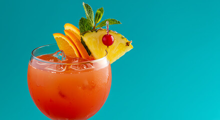 Vibrant Tropical Cocktail with Pineapple, Orange & Cherry Garnish Against a Bright Blue Background, Perfect for Summer Refreshment