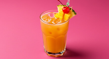 Vibrant Tropical Mango Cocktail with Pineapple & Cherry Garnish, Refreshing Summer Drink on Pink Background