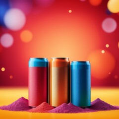 Three Colorful Cans or Bottles on a Reflective Surface, Illuminated by Bokeh Lights, Suggesting Beverages.