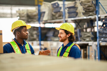 During a work pause, two factory employees talk and smile in a friendly atmosphere, showing camaraderie and teamwork in an industrial warehouse.