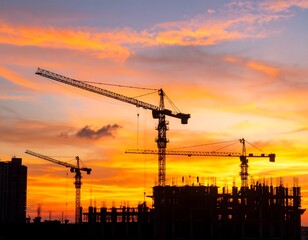 Construction cranes and workers are silhouetted against a dramatic sunset at a construction site, capturing the scene at the end of the day.