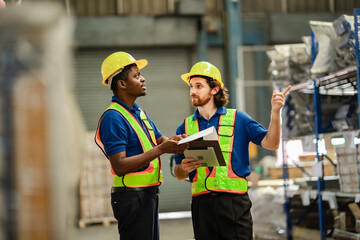 Man uses card board to explain plant structure to co-worker, surrounded by shelves and packages.