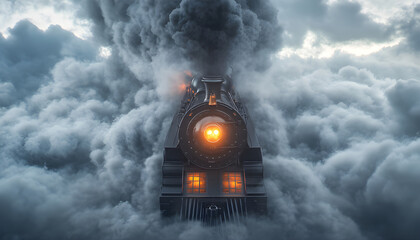 A haunted train speeding through a void, white background