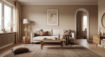 Serene Living Room Interior Design - Calm and minimalist living room with neutral tones, natural wood furniture, and soft textiles