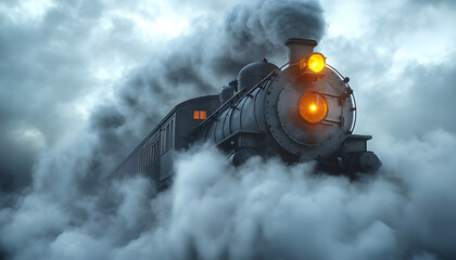 A haunted train speeding through a void, white background