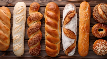 An array of assorted bread types skillfully arranged on wooden surface, highlighting the intricate texture, craftsmanship, and the delicious allure of freshly baked goods.