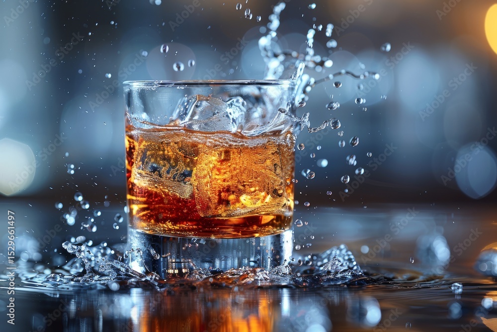 Poster a glass filled with whiskey splashes dramatically as ice cubes collide, creating a captivating visua