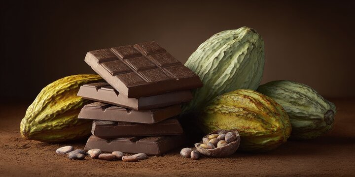 Rich dark chocolate bars are artfully displayed alongside cocoa beans and pods on a bed of cocoa powder, creating a visual feast for chocolate lovers.