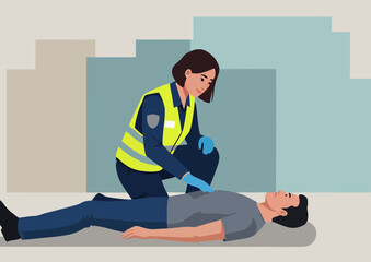 Illustration of a female first responder providing medical assistance to a man lying on the ground in an urban setting