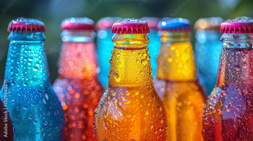 Poster a vibrant array of colorful sparkling bottles glistening with water droplets, showcasing refreshing 