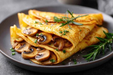 Golden crepes filled with sauteed mushrooms.