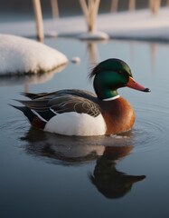 Colorful male duck swimming gracefully in a serene pond, surrounded by soft snow-covered reeds, reflecting nature's beauty and tranquility in a winter landscape
