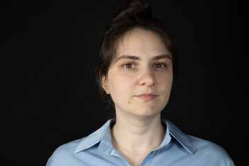 Portrait of 30 Year Old Woman Without Makeup with Real Skin with Moles and Pimples.