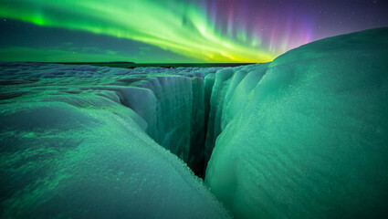 Arctic aurora borealis illuminating glacial crevasse winter landscape