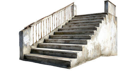 Old outdoor concrete staircase with a rusty railing leads upward, showing signs of wear and tear with scuff marks and weathered concrete against a transparent background