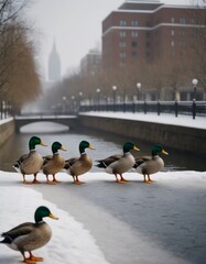 Group of mallard ducks standing on snow-covered bank beside a frozen canal, with blurred city skyline in the background, showcasing winter wildlife in an urban environment