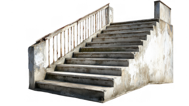 Old outdoor concrete staircase with a rusty railing leads upward, showing signs of wear and tear with scuff marks and weathered concrete against a transparent background