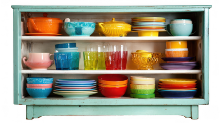 Vibrant vintage crockery including plates, bowls, cups, and glasses arranged neatly on shelves of a light teal retro style display cabinet against a transparent background