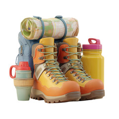 Hiking Boots with Backpack, Map, and Adventure Gear.