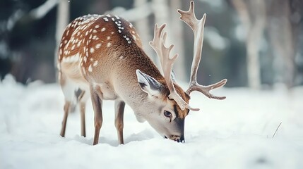 Fallow deer stag dama dama foraging in winter forest snow and ice selective focus is used