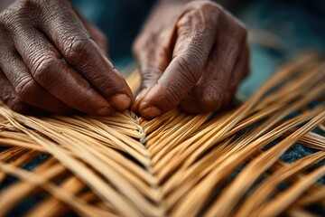 Close-up view of hands crafting a basket from natural materials.