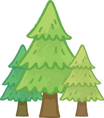 Whimsical Watercolor Style Group of Three Pine Trees in Varied Hues