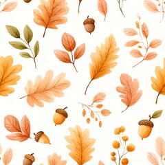 Fototapeta premium watercolor seamless pattern of autumn leaves and acorns in pastel orange, brown, and blush tones