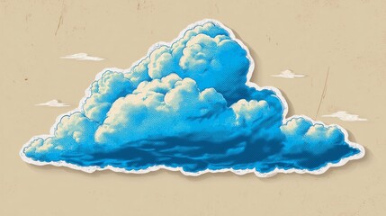 Illustration vintage d'un nuage bleu sur fond beige, effet sticker relief