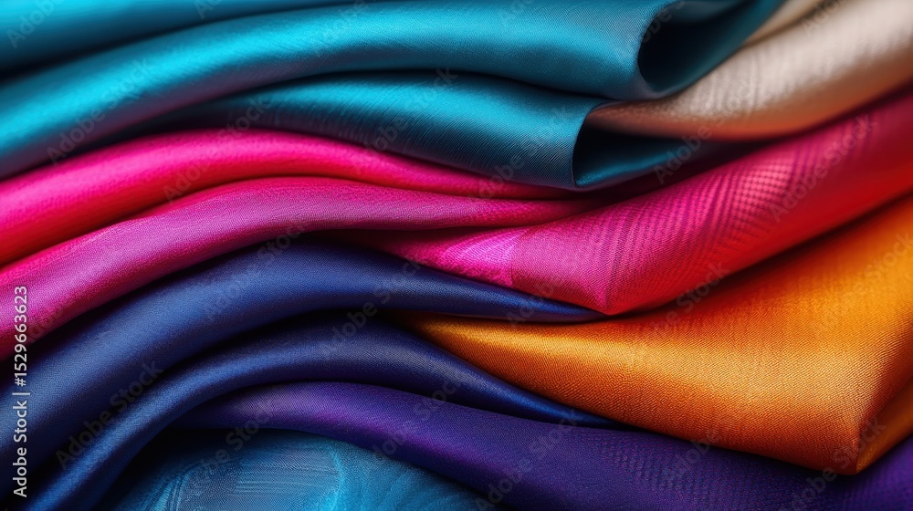 Poster an artistic display of vibrant fabrics stacked in rich colors and intricate patterns, showcasing the