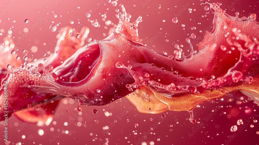 Poster an artistic capture of vibrant red liquid splashing, showcasing fluid dynamics and color vibrancy, r